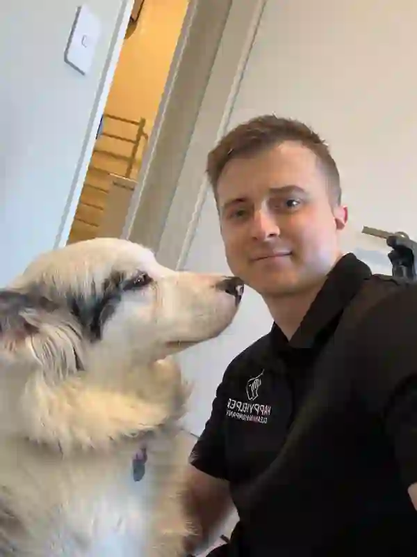 Happy Helper cleaner with a furry friend